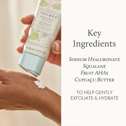 Hand applying cream to wrist with product and key ingredients listed