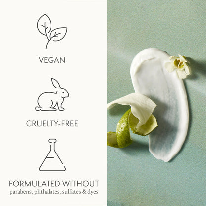 Product packaging with vegan, cruelty-free, and environmentally friendly icons on a light green background.