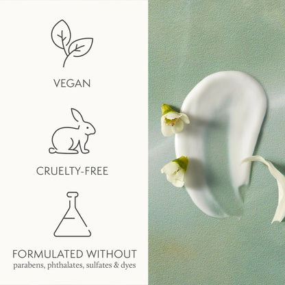 Product with vegan, cruelty-free, and sulfate-free labels on a light green background.