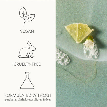 Product packaging with vegan, cruelty-free, and sulfate-free icons on a light green background.