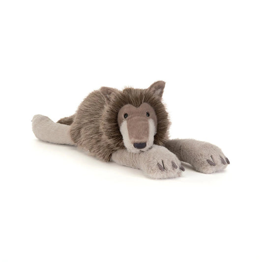 A plush stuffed animal shaped like a wolf or wild cat, lying down on a clean white background. The toy has a brown and gray body with a lighter beige muzzle and gray paws and legs.