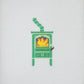 Cross-stitched design of a green lantern with a yellow light on a white background