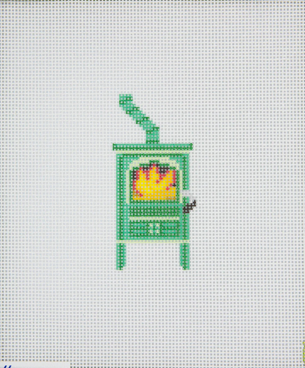 Cross-stitched design of a green lantern with a yellow light on a white background