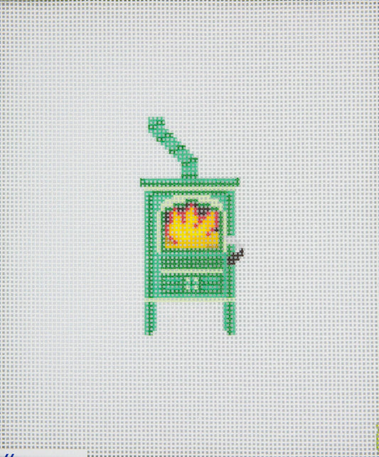 Cross-stitched design of a green lantern with a yellow light on a white background