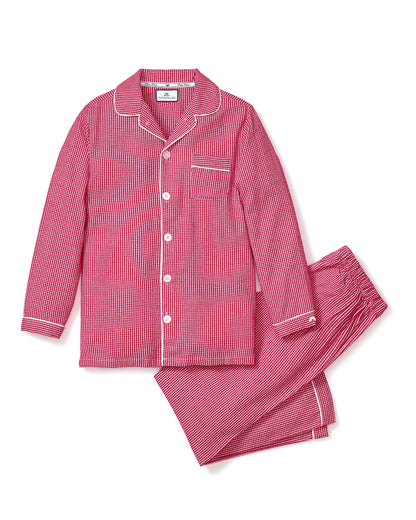 Red and white checkered pajama set on a white background