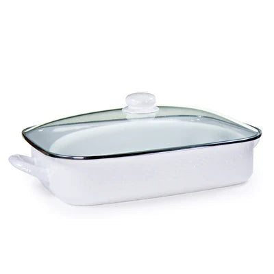 Golden Rabbit White Roasting Pan Lasagna Pan with lid enamelware 