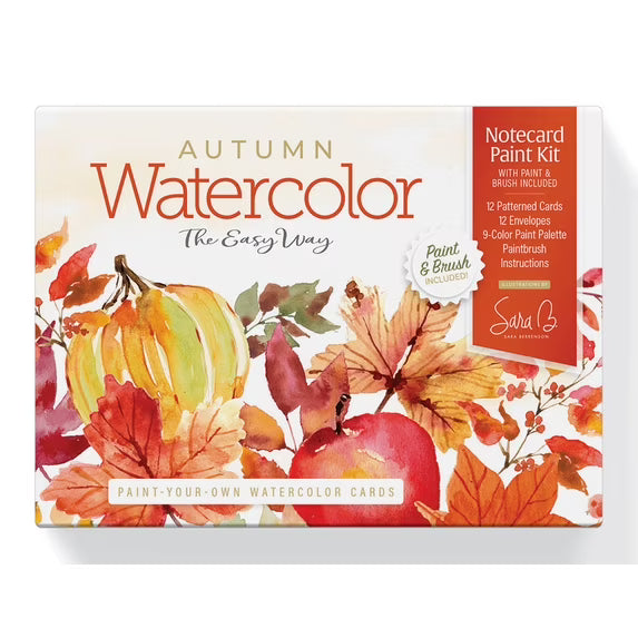 Autumn Watercolor Notecard Paint Kit by Sarah Sandler, featuring a watercolor illustration of pumpkins and fall leaves on the box, with a red vertical label on the right side.