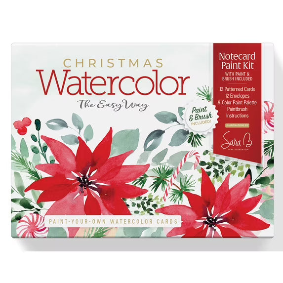 Christmas Watercolor Notecard Paint Kit box by Sarah G. Designs, featuring a festive watercolor design with red poinsettias, green leaves, and candy canes on a white background with a red side panel.