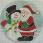 Cross-stitched design of a snowman and a person in a red coat on a light blue background.