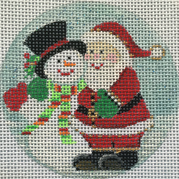 Cross-stitched design of a snowman and a person in a red coat on a light blue background.