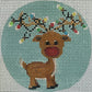 Cross-stitched reindeer with floral antlers on a light blue fabric background