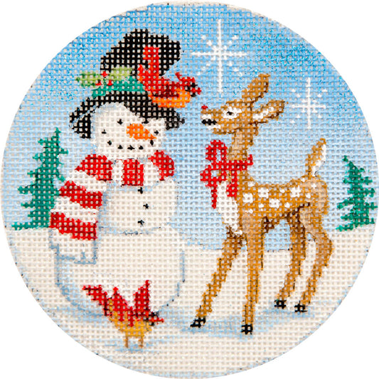 Cross-stitched design of a snowman and deer in a snowy landscape