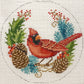 Cross-stitched design of a cardinal bird with winter elements on a white background