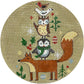 Circular needlepoint design featuring a fox, owl, and penguin with Christmas elements.