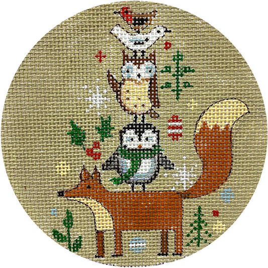 Circular needlepoint design featuring a fox, owl, and penguin with Christmas elements.