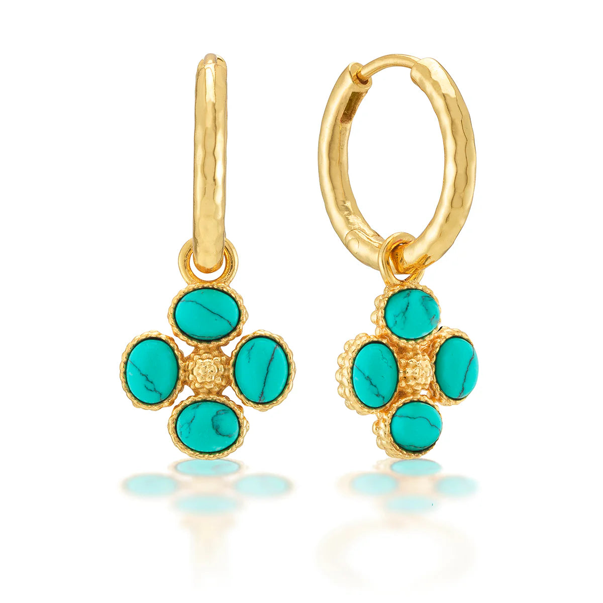 Gold earrings with turquoise stones on a white background