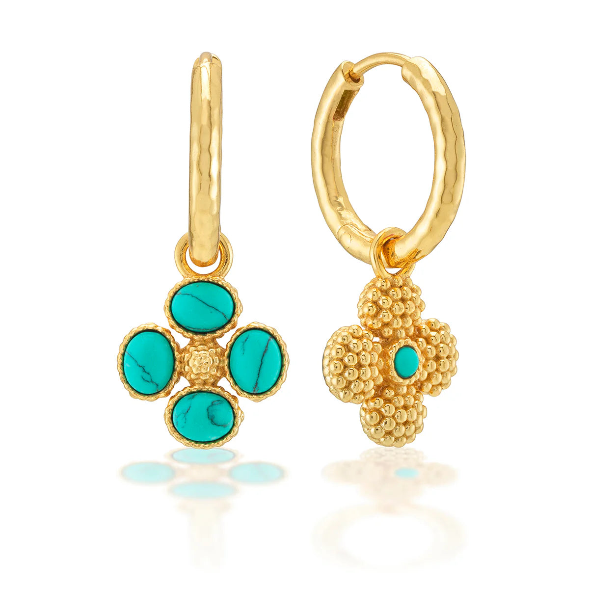 Gold hoop earrings with turquoise stones on a white background