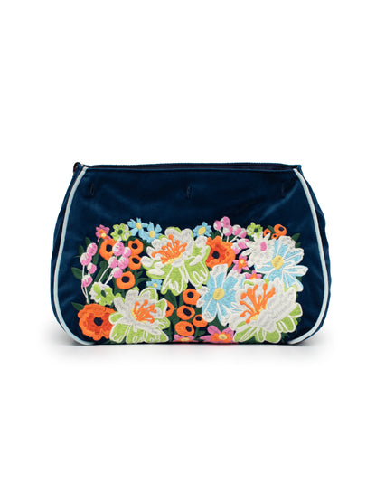 Navy blue pouch with colorful floral design on a white background