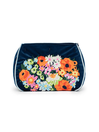 Navy blue pouch with colorful floral design on a white background