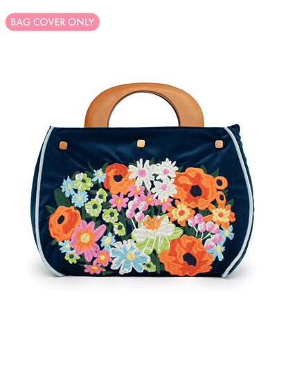 Navy blue bag cover with colorful floral embroidery on a white background