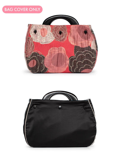 Floral-patterned bag cover and black bag on a white background