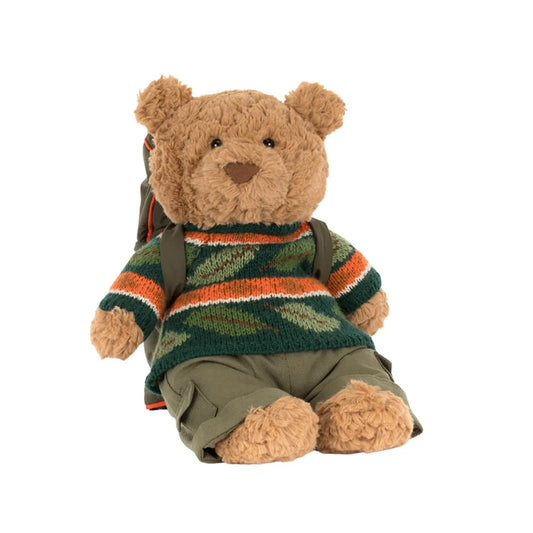 Teddy bear wearing a striped sweater and backpack on a white background