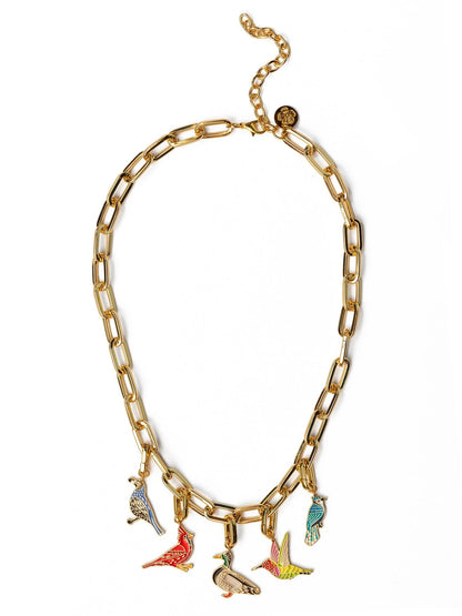 Gold chain necklace with colorful bird charms on a white background