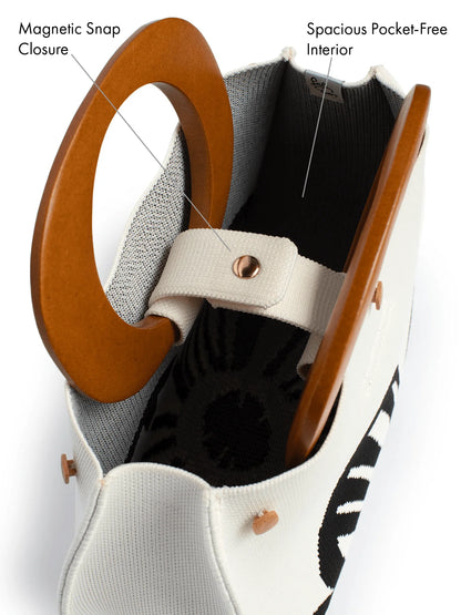 Handbag with wooden handle and text labels indicating features like magnetic snap closure and spacious pocket-free interior.