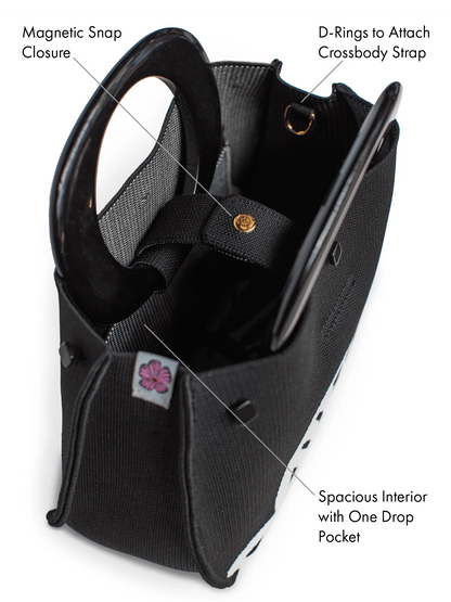Black bag with features labeled on a white background