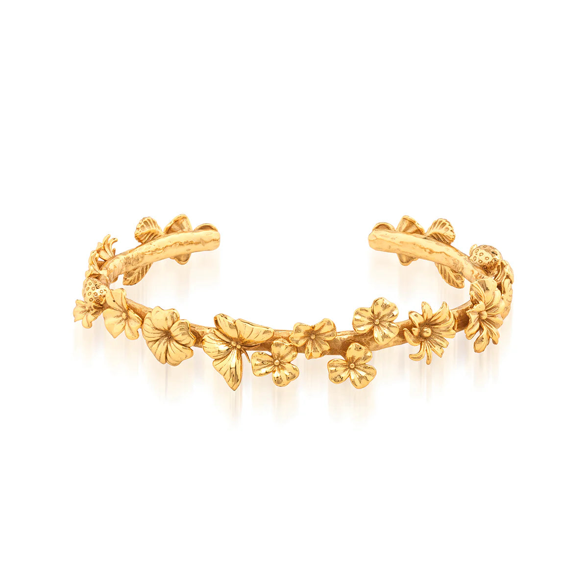 Gold bracelet with floral designs on a white background