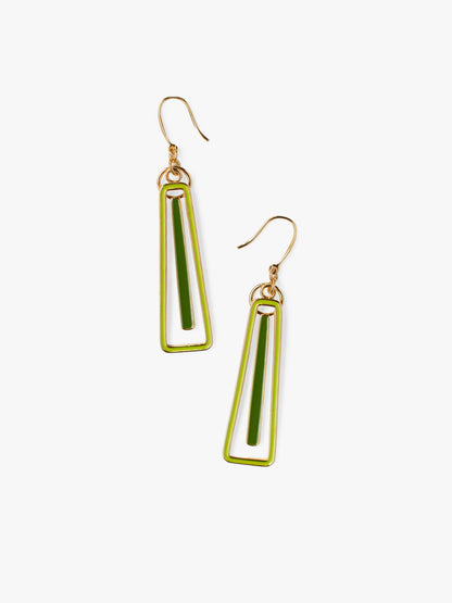 Green and white rectangular earrings on a white background