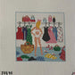 Cross-stitched panel of a woman in a dressing room with various clothing items and accessories.