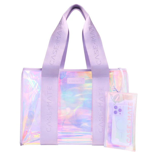 Iridescent tote bag with matching pouch on a white background