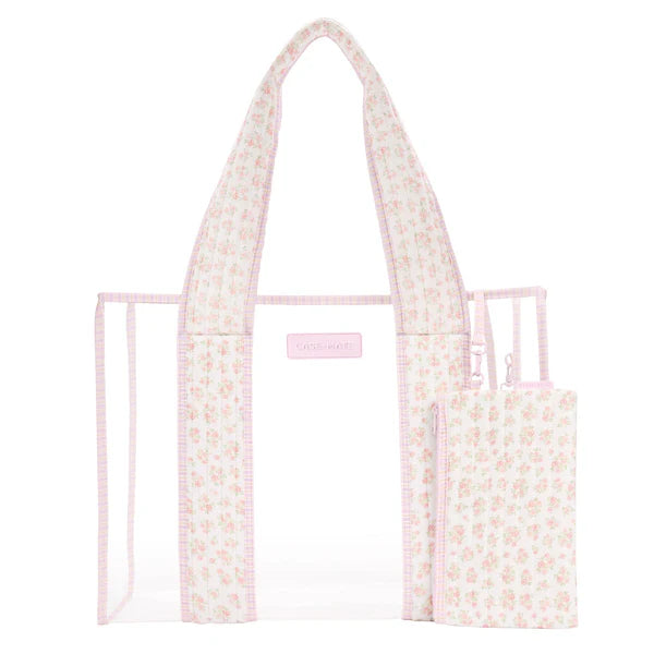 Floral-patterned tote bag with a smaller matching pouch on a white background