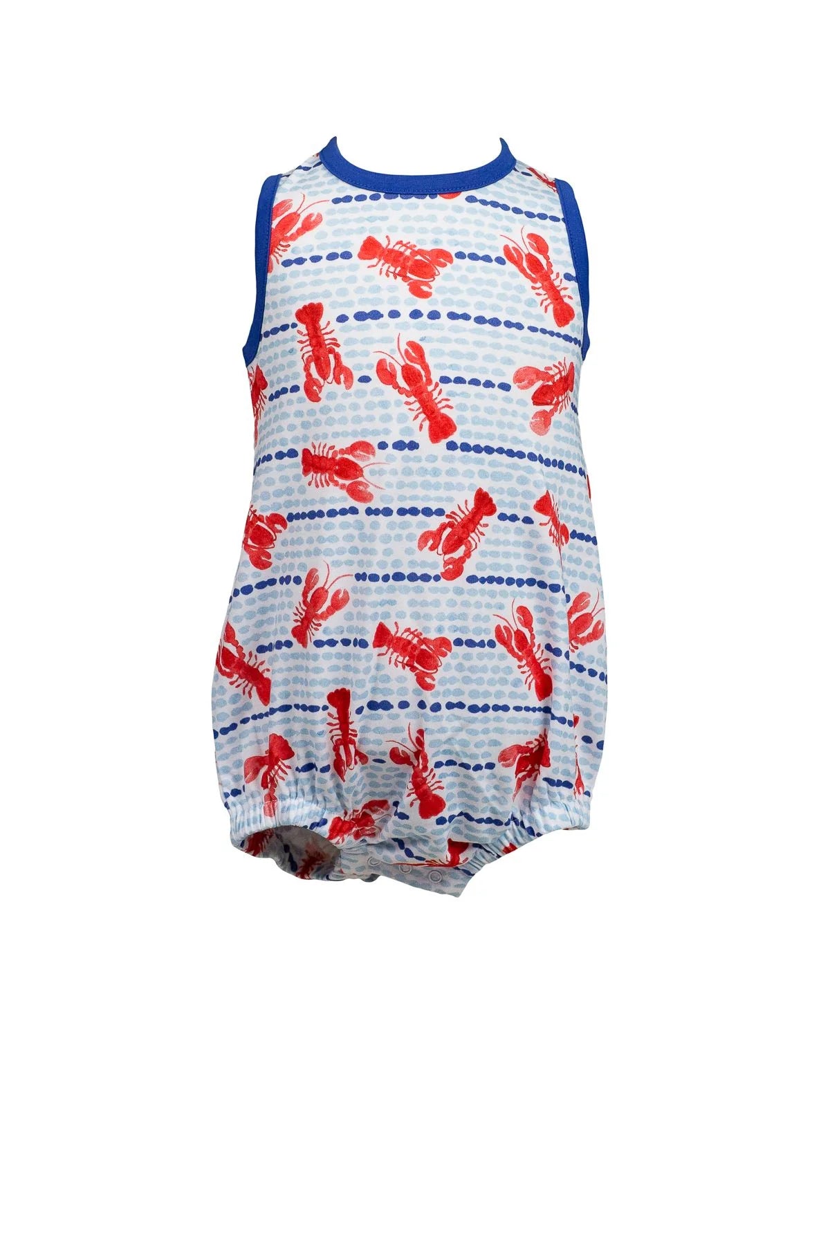 Baby romper with red lobster pattern on a white background