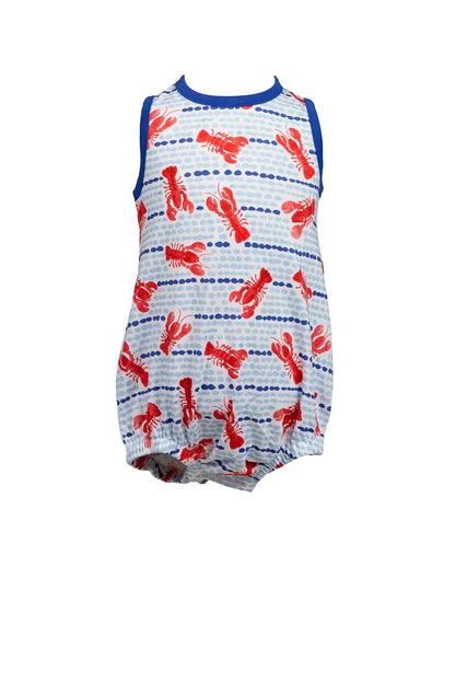 Baby romper with red lobster pattern on a white background