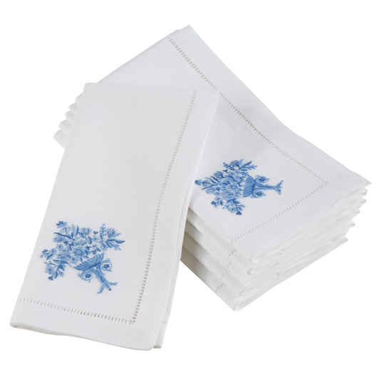 Embroidered Floral Vase Hemstitch Napkin Set of 4