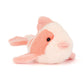 Plush fish toy with pink and white colors on a white background