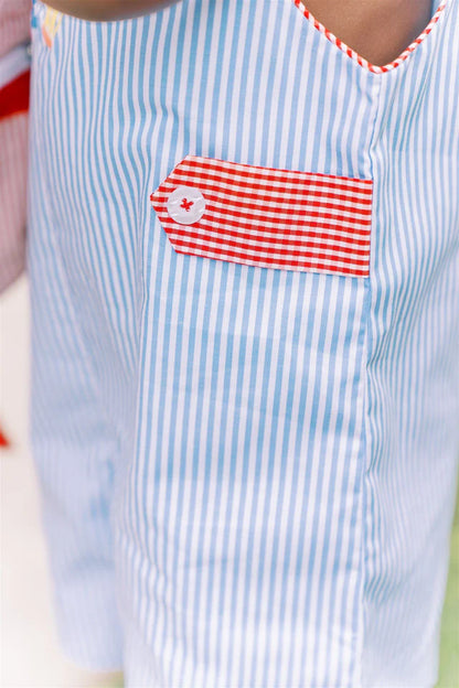Close-up of a blue and white striped shirt with a red and white checkered pocket patch.