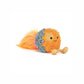 Plush toy resembling a hedgehog with orange body, gray spines, and yellow face on a white background