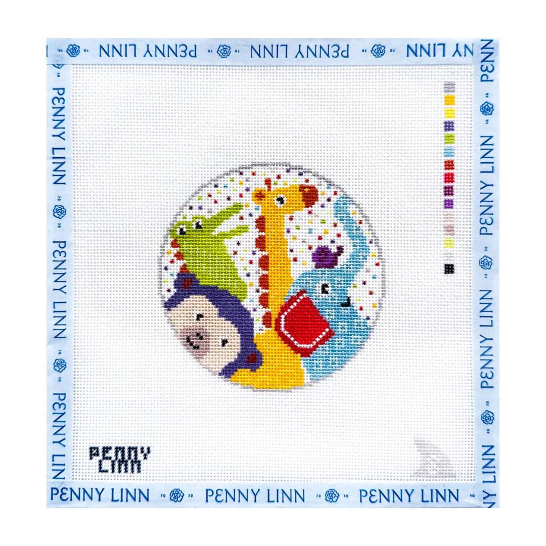 Cross-stitch pattern with colorful animals on a white background, featuring the brand 'Penny Linn'.