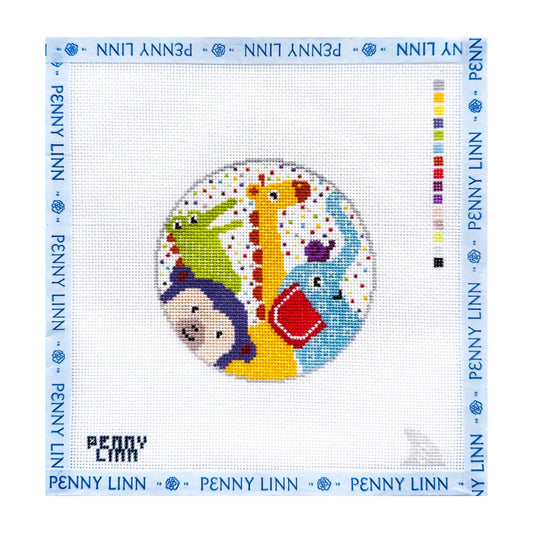 Cross-stitch pattern with colorful animals on a white background, featuring the brand 'Penny Linn'.