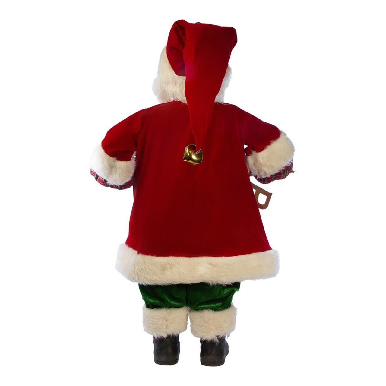 A Christmas Santa Claus costume shown from the back, featuring a red velvet jacket with white faux fur trim, a matching red hat with a gold bell, green pants, and black boots, set against a plain white background.