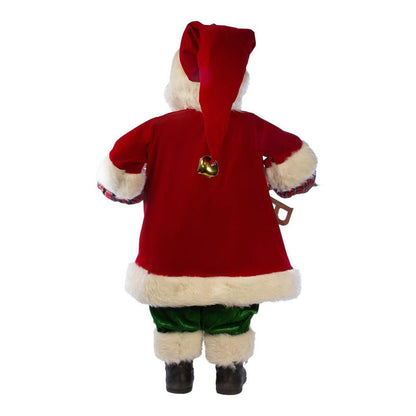 A Christmas Santa Claus costume shown from the back, featuring a red velvet jacket with white faux fur trim, a matching red hat with a gold bell, green pants, and black boots, set against a plain white background.