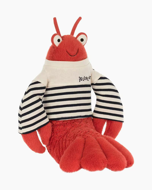 Plush toy lobster with striped shirt on a white background