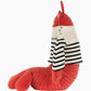 Plush toy lobster with a striped shirt on a white background