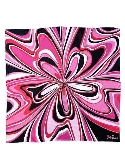 Abstract design with pink, black, and white colors on a white background