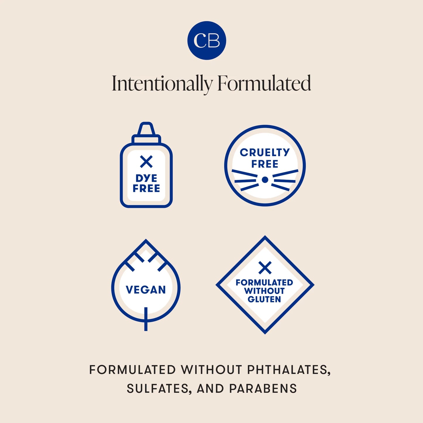 Certification logos for dye-free, cruelty-free, vegan, and gluten-free products on a beige background with CB logo.