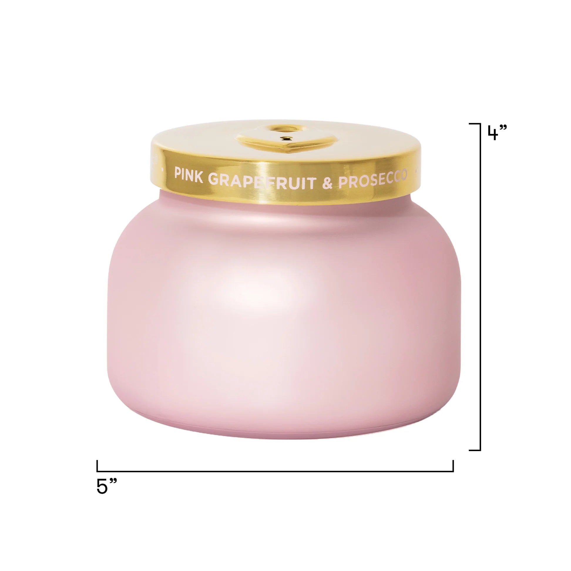 Pink candle with a gold lid labeled 'Pink Grapefruit & Prosecco' on a white background