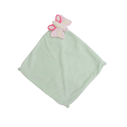 Light green baby comfort blanket with a pink butterfly on a white background
